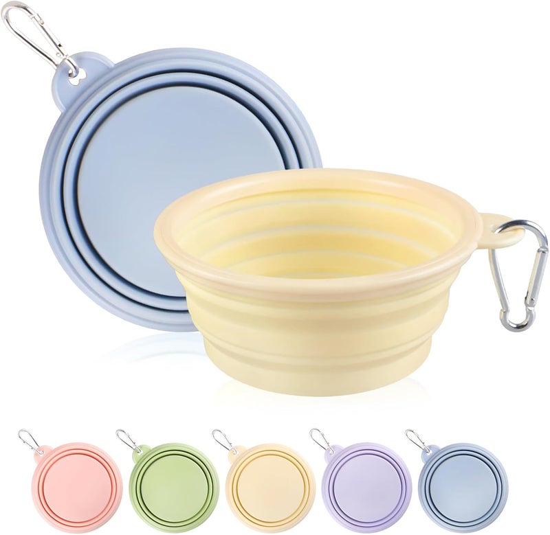 TECOPH Collapsible Dog Bowls 2-Pack, Portable Travel Dog Bowl with Carabiner, Food-Grade Silicone Pet Bowl for Hiking, Walking(Macaron Blue and Yellow) - Image 1